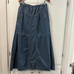 Ebossy Elegant Denim A-Line Maxi Skirt L pockets elastic waist